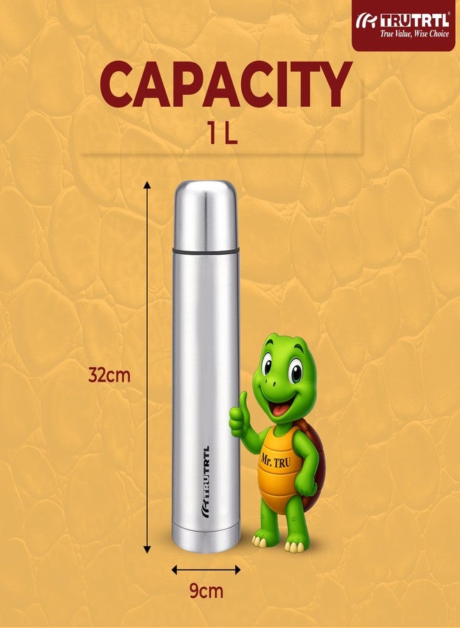 truTRTL Thermosteel Water Bottle 1L with Bag| 24 Hr Hot & Cold | Leak Proof Lid | ISI Certified | Vacuum Insulated | Bottle for Office, Gym, School I Silver - Image 3